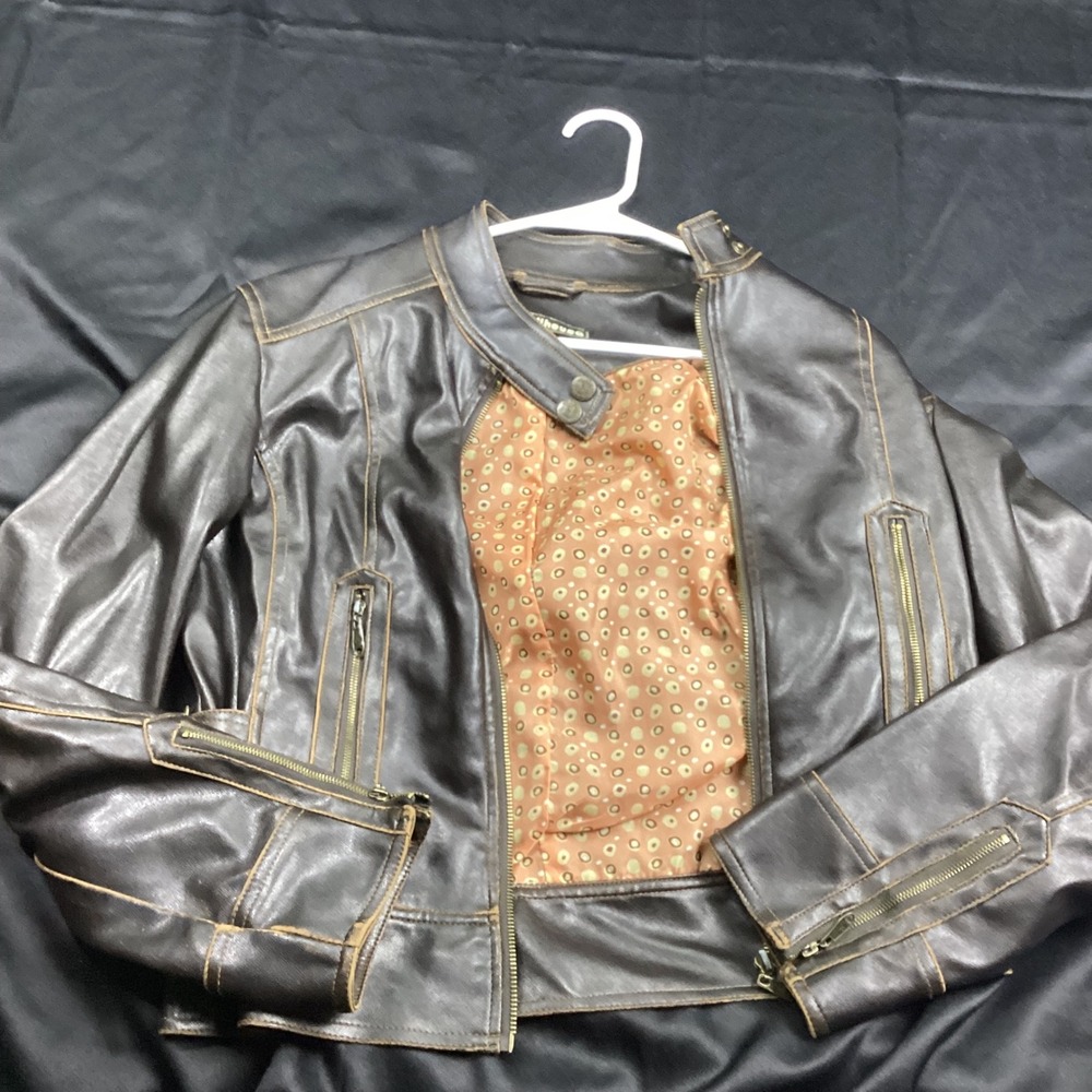 Dollhouse Brown Faux Leather Moto Jacket Distressed Cafe Racer Women Large